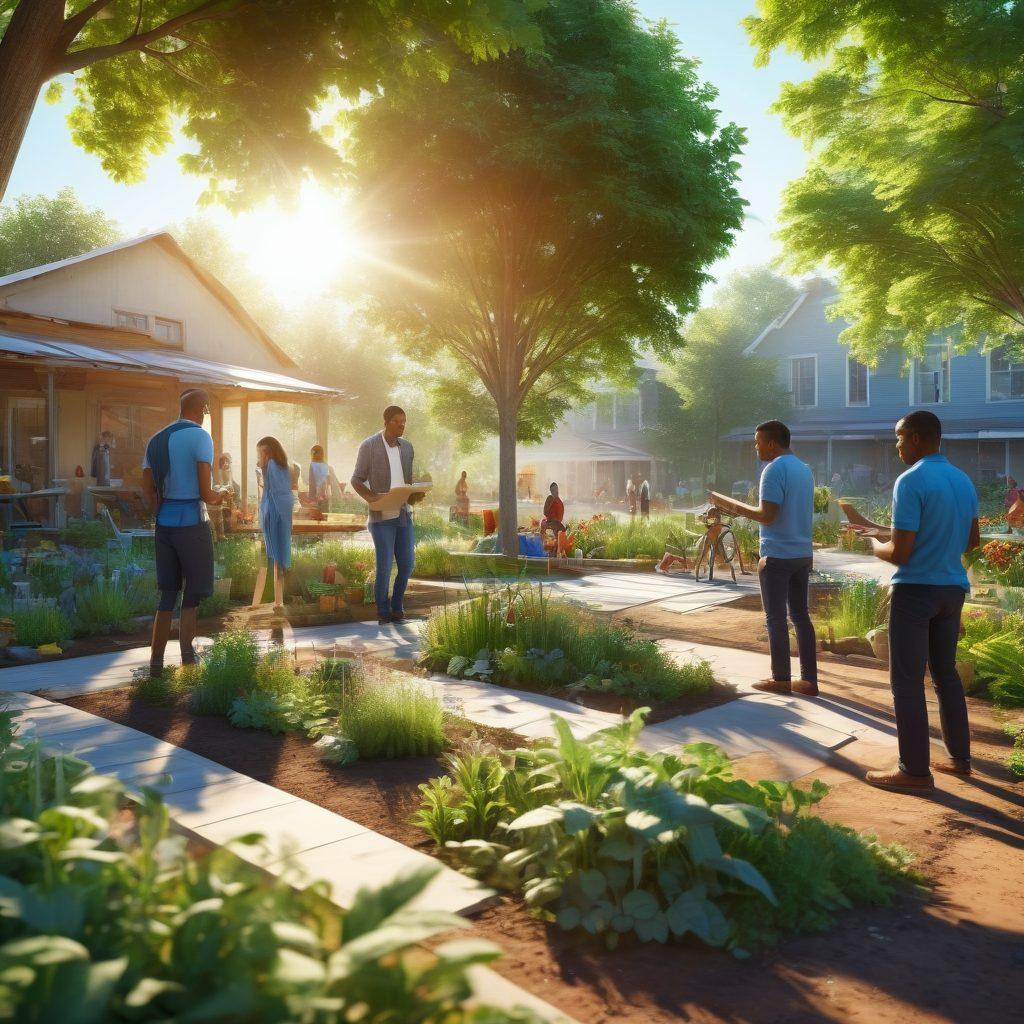 An inspiring community scene showcasing diverse individuals collaborating on sustainable projects, with blueprints and tools in hand, surrounded by greenery symbolizing growth. In the background, a local development activity such as a community garden or workshop is taking place, emphasizing teamwork and innovation. Bright sunlight filtering through the trees creates an uplifting atmosphere. super-realistic. vibrant colors. 3D.