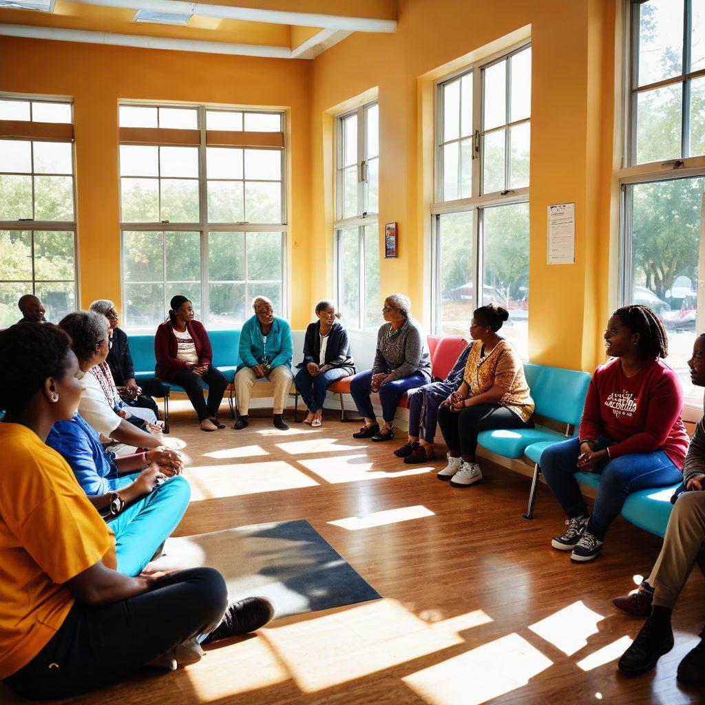 A diverse group of individuals collaborating in a community center, showcasing various UCHC services like health workshops and educational programs. Include vibrant cultural decorations and an inviting atmosphere with sunlight streaming through windows, symbolizing hope and empowerment. Illustrate a mix of people from different age groups and backgrounds actively engaged in discussions and activities. Bright, uplifting colors to convey a sense of community spirit. super-realistic. vibrant colors. warm lighting.