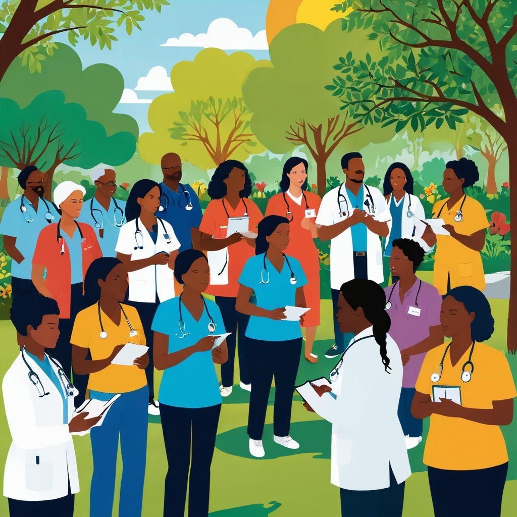 A vibrant illustration depicting a diverse group of healthcare professionals engaging with community members in an open park setting, showcasing outreach and advocacy efforts. Include symbols of health such as stethoscopes and heart icons, alongside banners promoting health resources. The background should feature a sunny day with greenery, emphasizing connection and community involvement. colorful vector art. bright colors. dynamic composition.